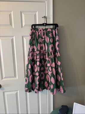 Tiered Midi Skirt in Pink and Green Abstract Pattern